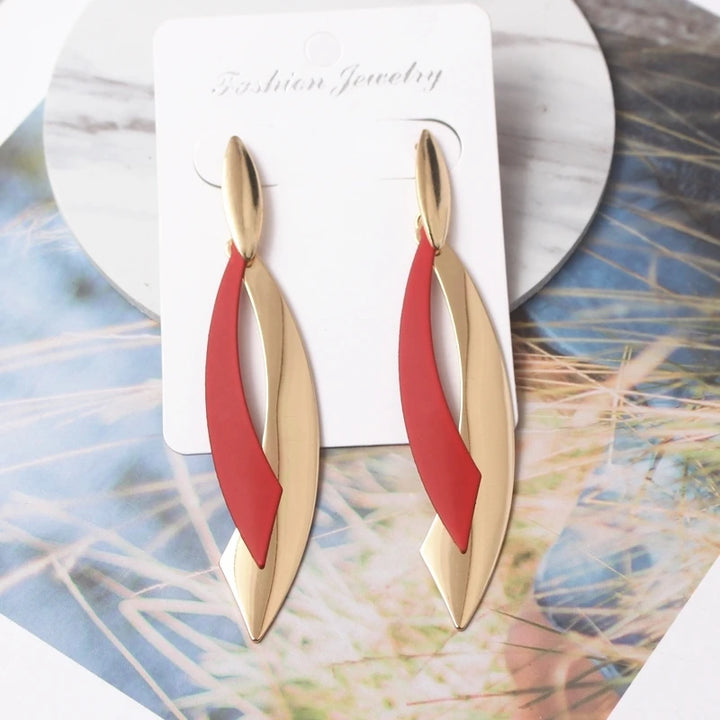 Geometric Leaf Drop Earrings in Green and Red for Women
