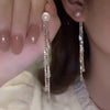 Korean Long Pearl Tassel Drop Earrings with Rhinestones