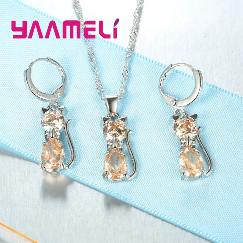 Silver Crystal Cat Jewelry Set