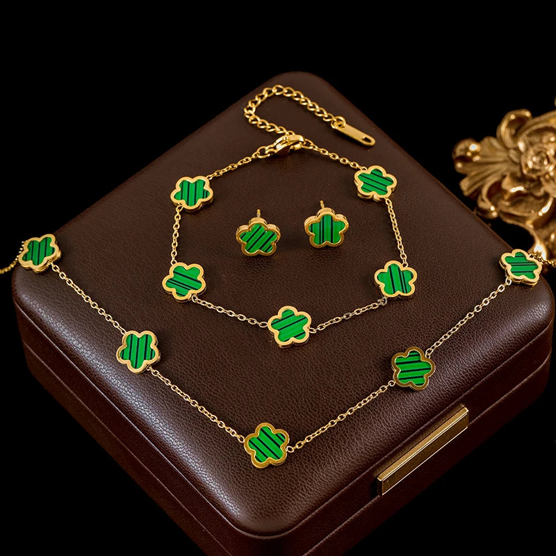 Black Flower Clover Jewelry Set Necklace Bracelet Earrings for Women