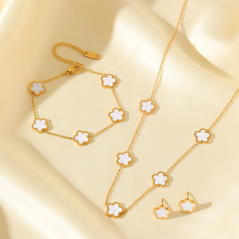 Black Flower Clover Jewelry Set Necklace Bracelet Earrings for Women