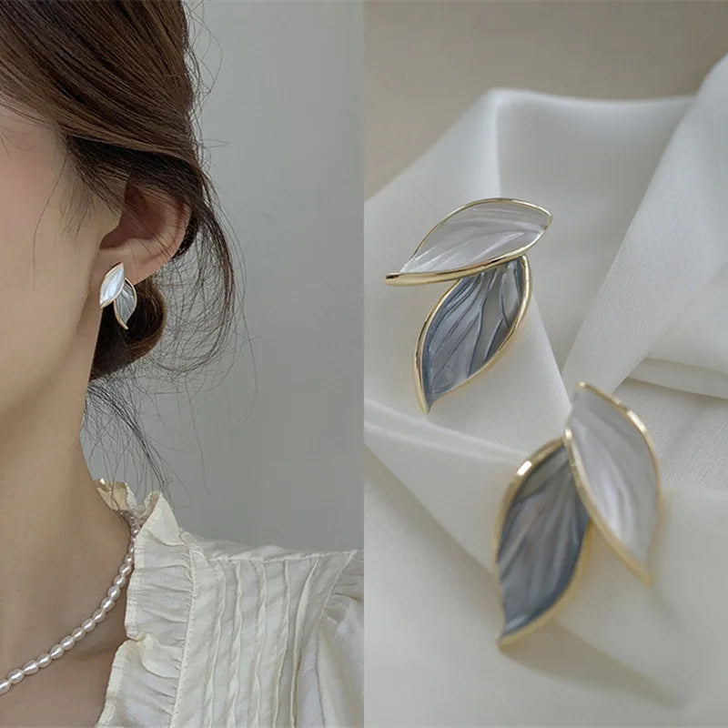 Trendy Grey Leaf Stud Earrings