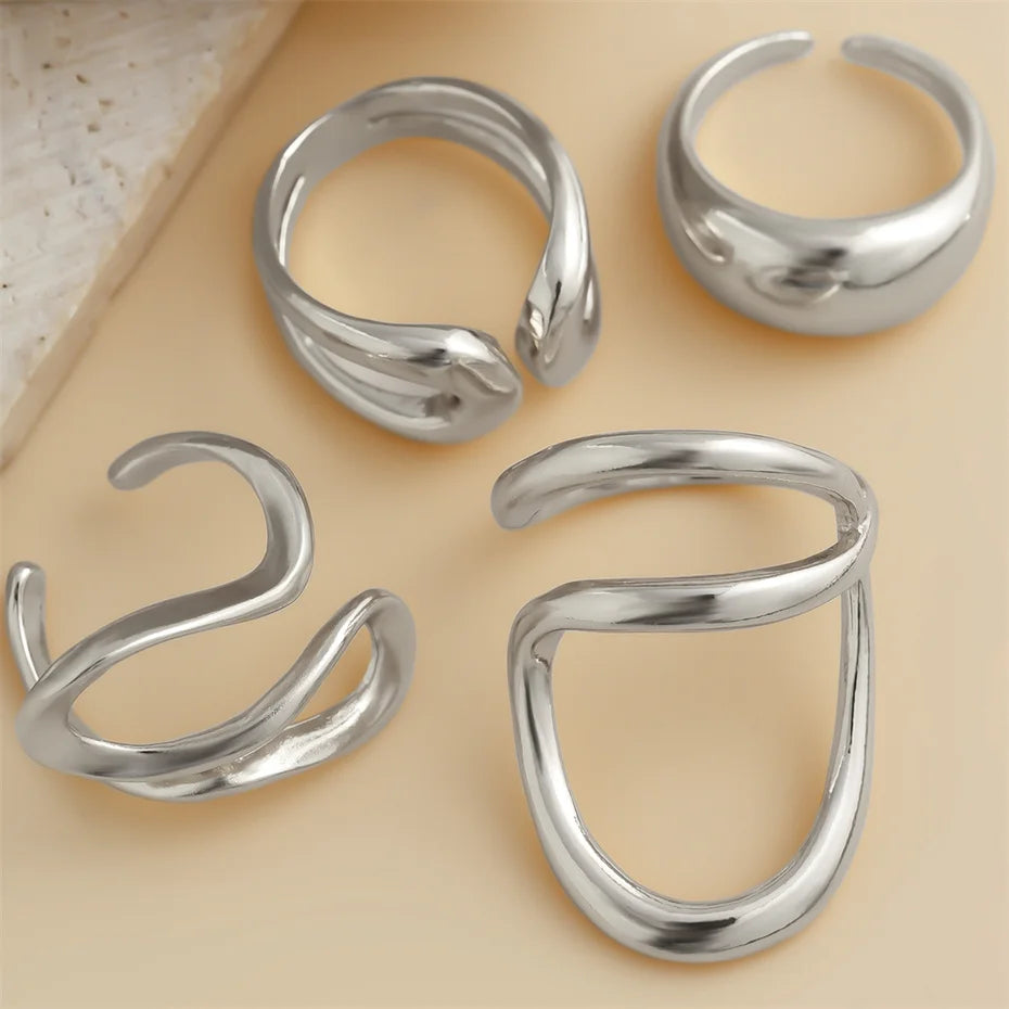 مجموعة خواتم مفتوحة من Ingemark مكونة من 4 قطع بتصميم كلاسيكي غير منتظم على شكل حرف C للنساء، خاتم إصبع هندسي إبداعي، إكسسوارات مجوهرات للزوجين