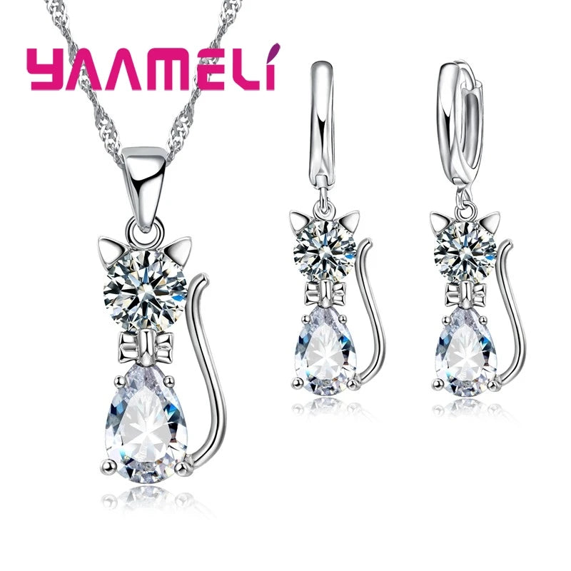 Silver Crystal Cat Jewelry Set