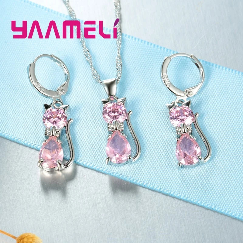 Silver Crystal Cat Jewelry Set