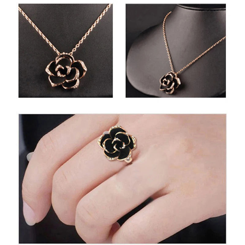 Black Rose Camellia Jewelry Set