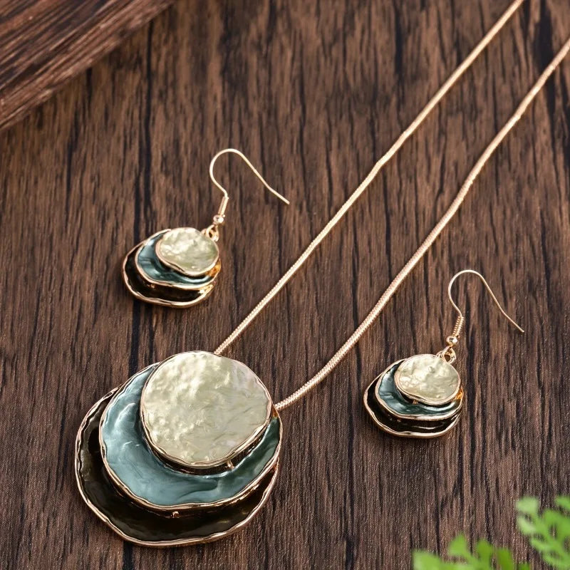 Vintage Layered Earring Necklace Set with Circular Pendants