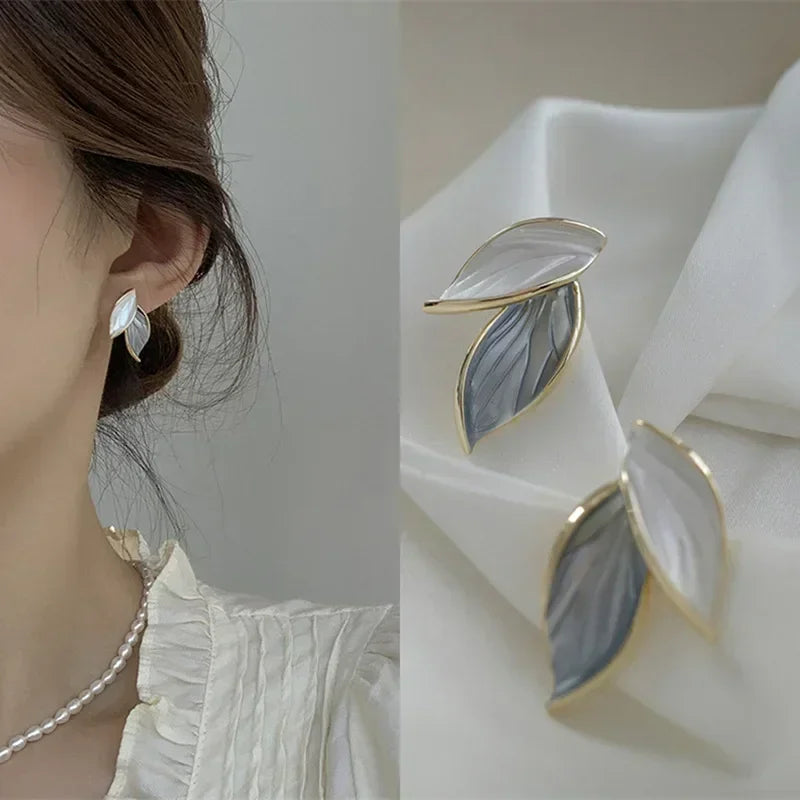 Trendy Grey Leaf Stud Earrings