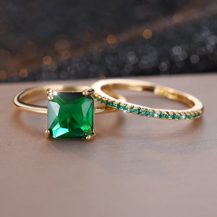 Princess Cut Red Green Zircon Bridal Wedding Ring Set for Women