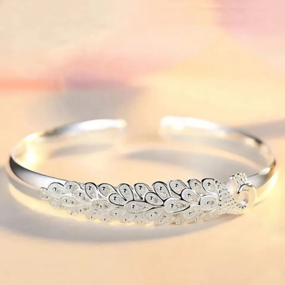 Silver Peacock Open Bangle