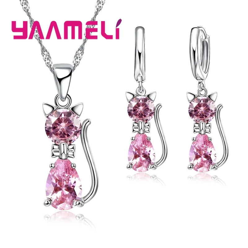 Silver Crystal Cat Jewelry Set