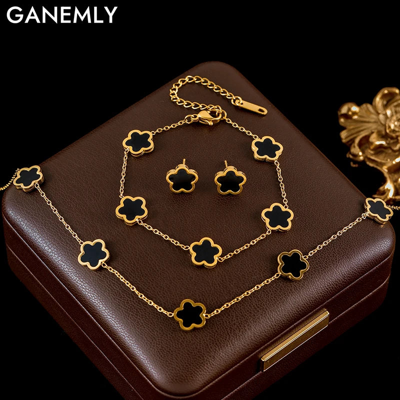 Black Flower Clover Jewelry Set Necklace Bracelet Earrings for Women