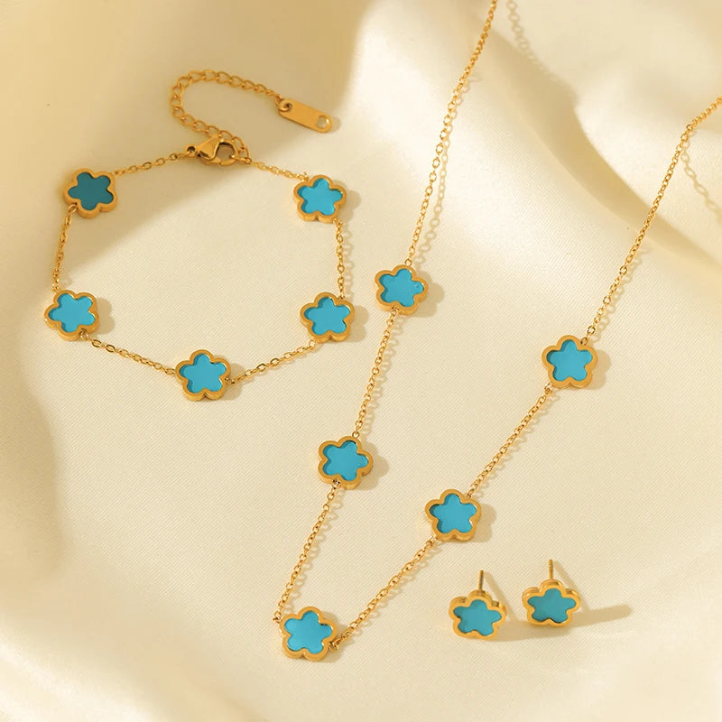 Black Flower Clover Jewelry Set Necklace Bracelet Earrings for Women
