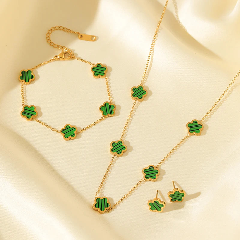 Black Flower Clover Jewelry Set Necklace Bracelet Earrings for Women