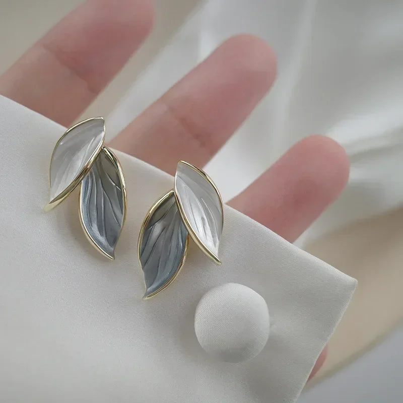 Trendy Grey Leaf Stud Earrings