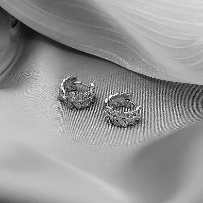 Shiny CZ Leaf Hoop Earrings