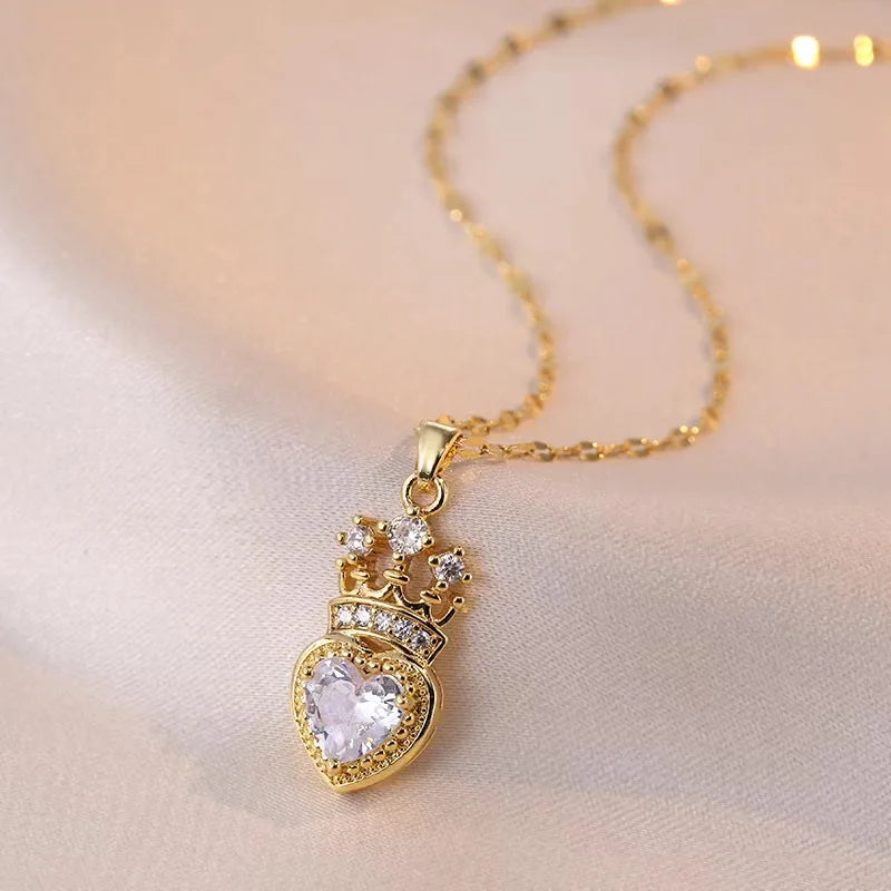 Crown Love Rhinestone Pendant Necklace