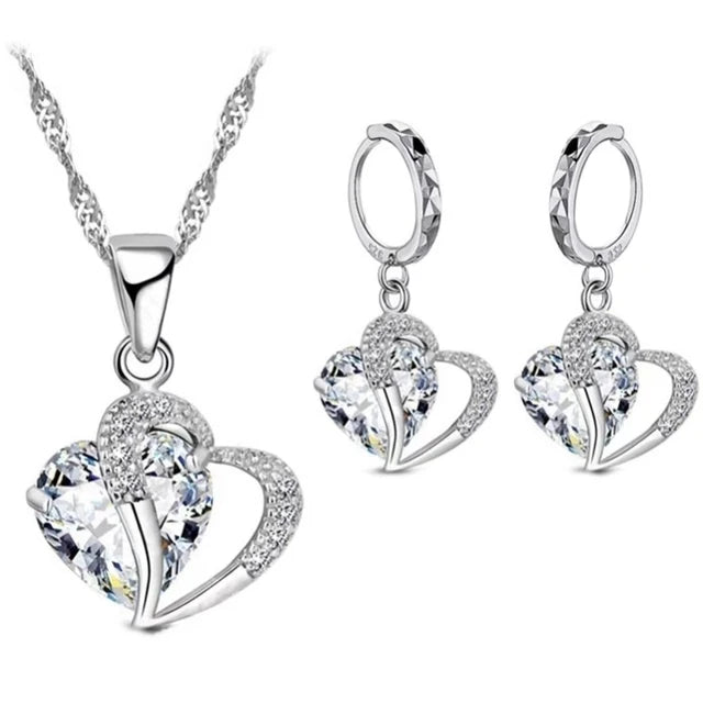 Silver Zircon Heart Jewelry Set