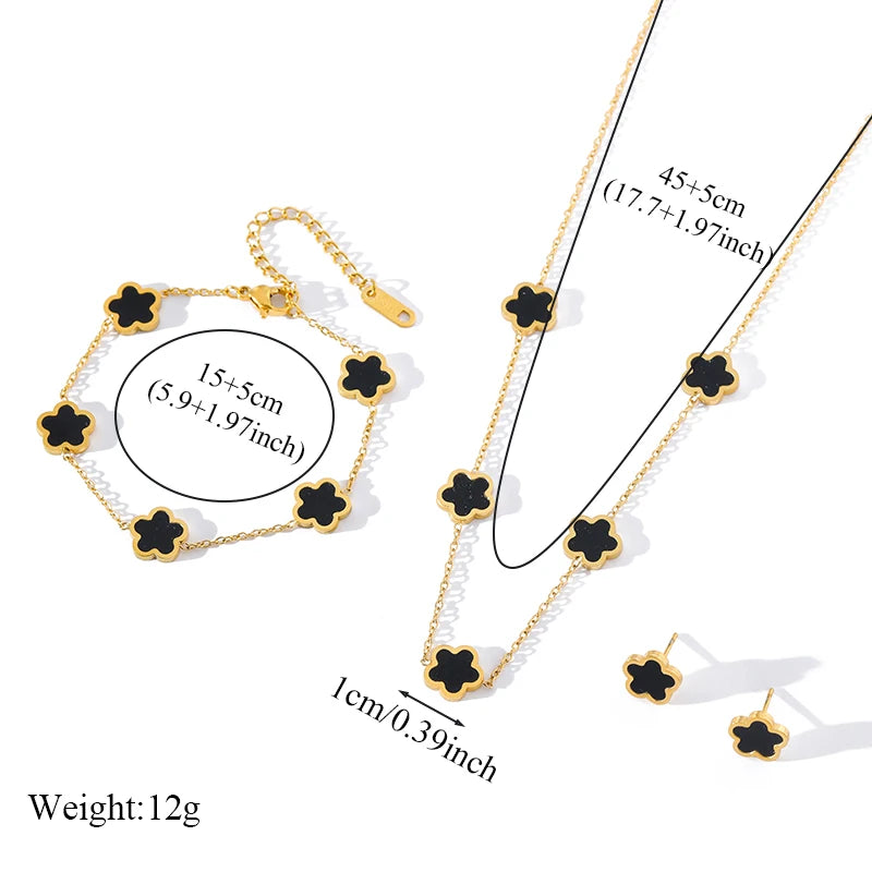 Black Flower Clover Jewelry Set Necklace Bracelet Earrings for Women