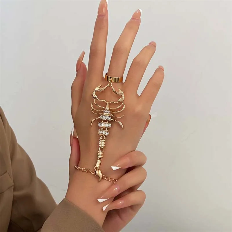 مجموعة أساور على شكل عقرب بانك عتيق للنساء والرجال، أساور متصلة بحلقات كريستالية قوطية، مجوهرات