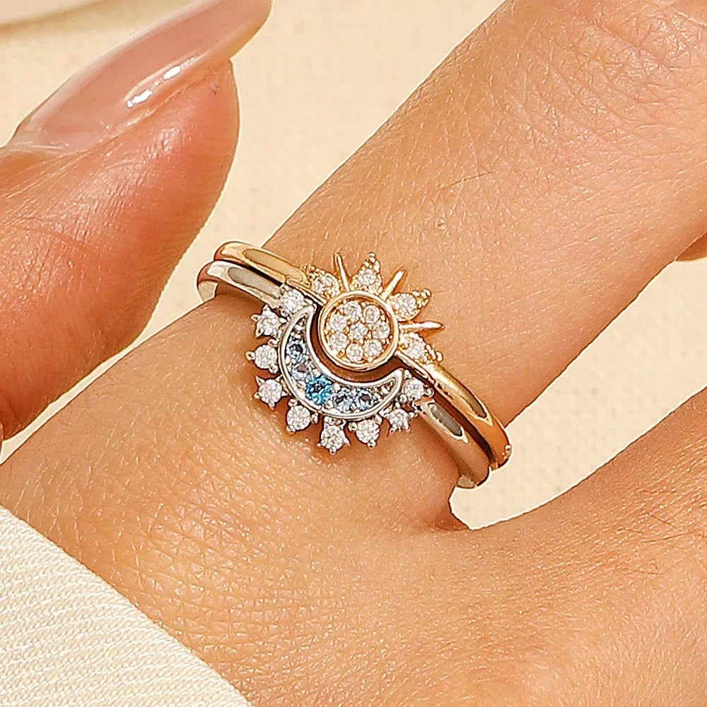 Adjustable Sparkling Moon Sun Star Ring