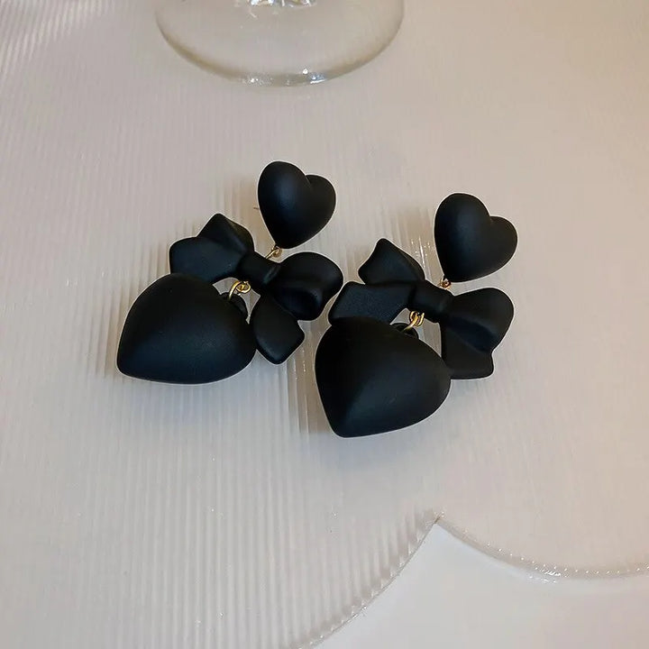 Black Heart Bow Drop Earrings