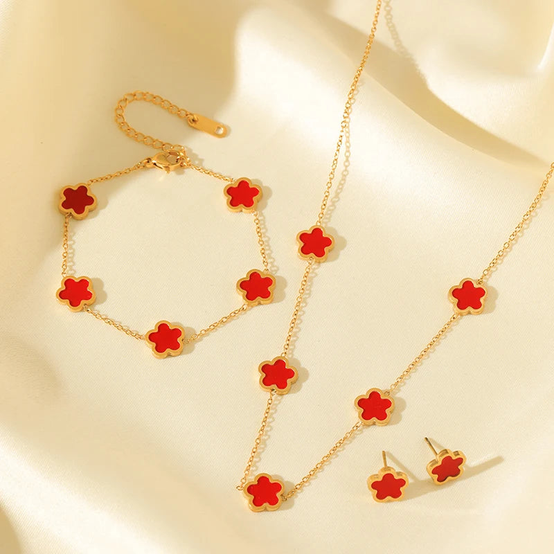 Black Flower Clover Jewelry Set Necklace Bracelet Earrings for Women