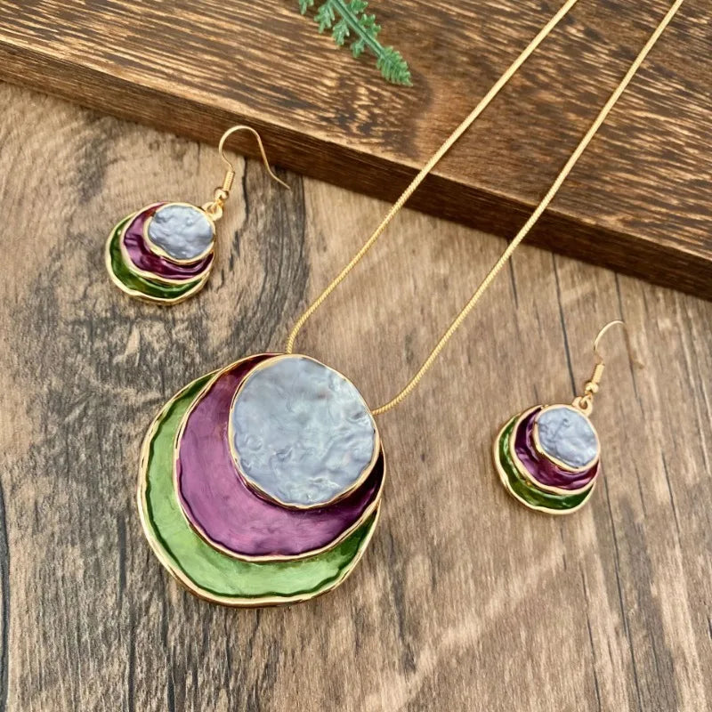 Vintage Layered Earring Necklace Set with Circular Pendants