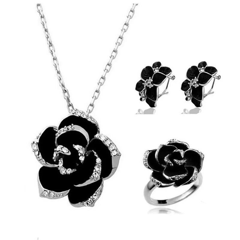 Black Rose Camellia Jewelry Set