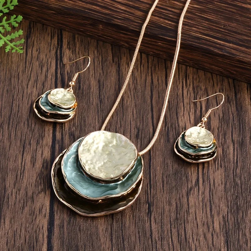 Vintage Layered Earring Necklace Set with Circular Pendants