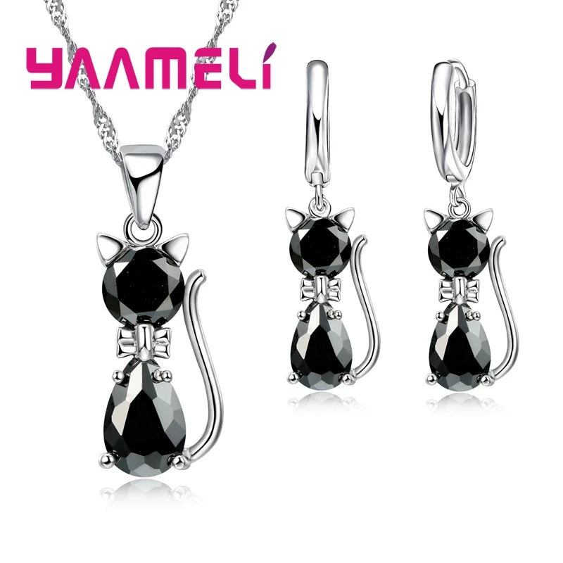 Silver Crystal Cat Jewelry Set