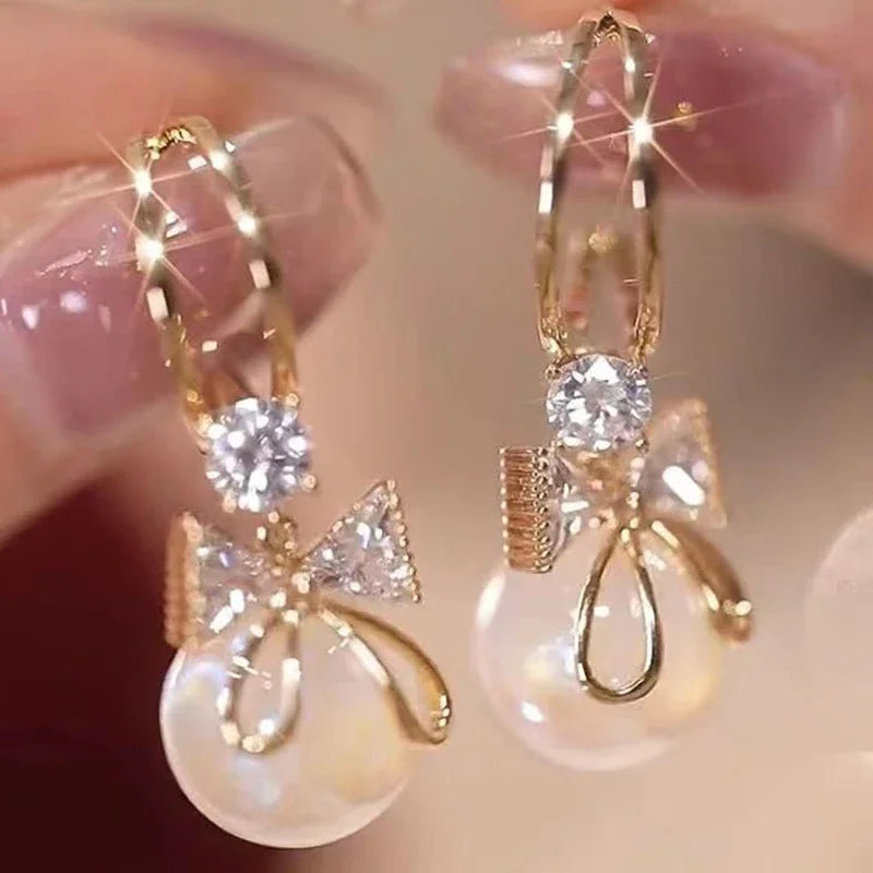 Zircon Bow Knot Pearl Earrings