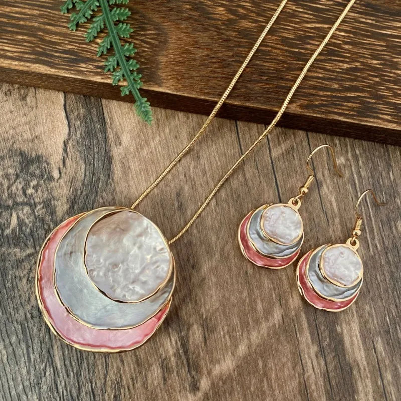 Vintage Layered Earring Necklace Set with Circular Pendants
