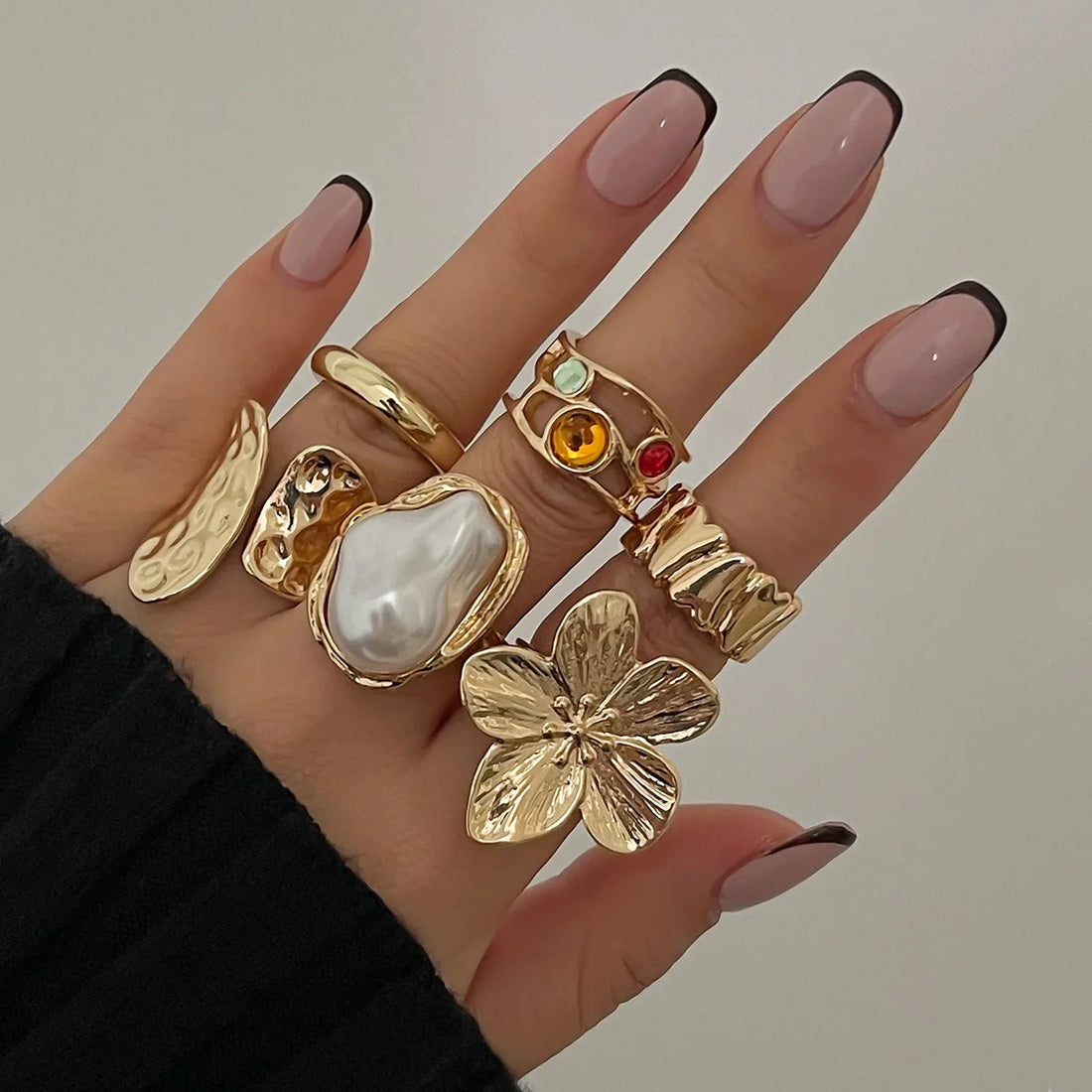 Gold Flower Crystal Baroque Pearl Ring