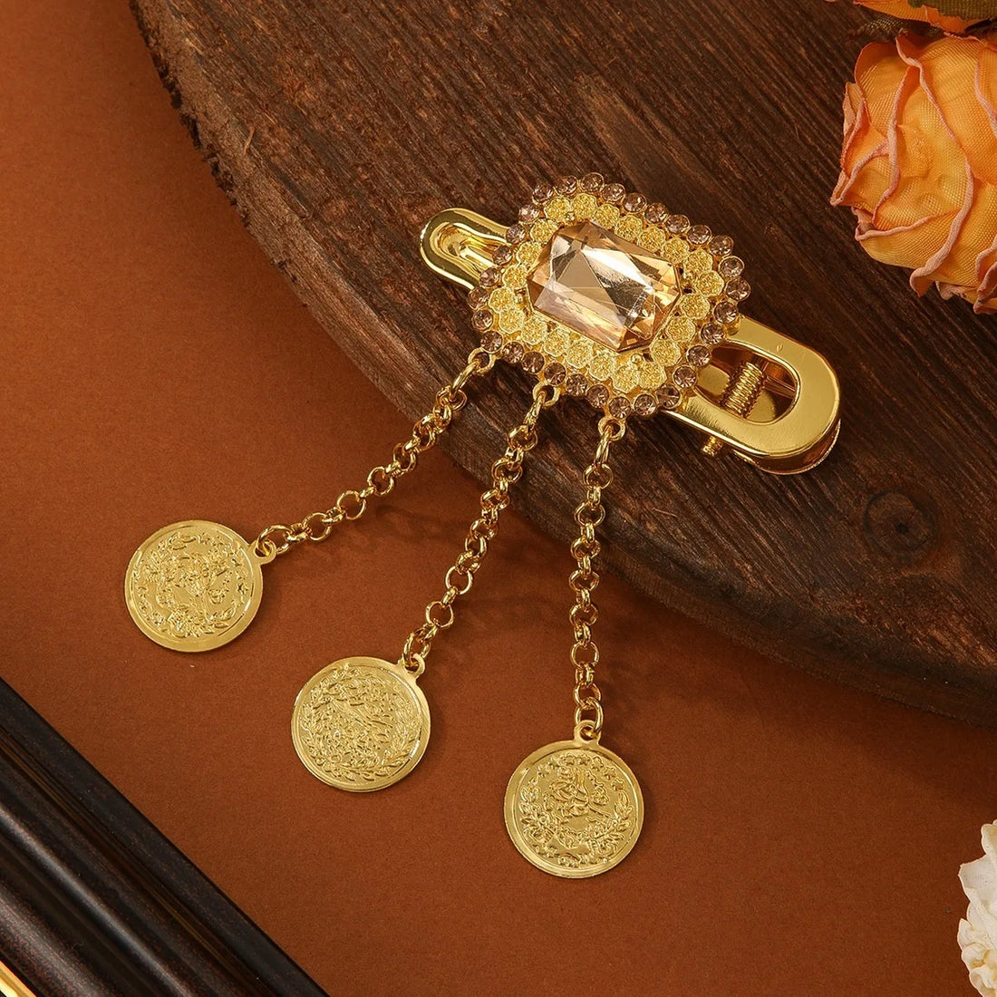 Gold Geometric Crystal Tassel Hair Clip