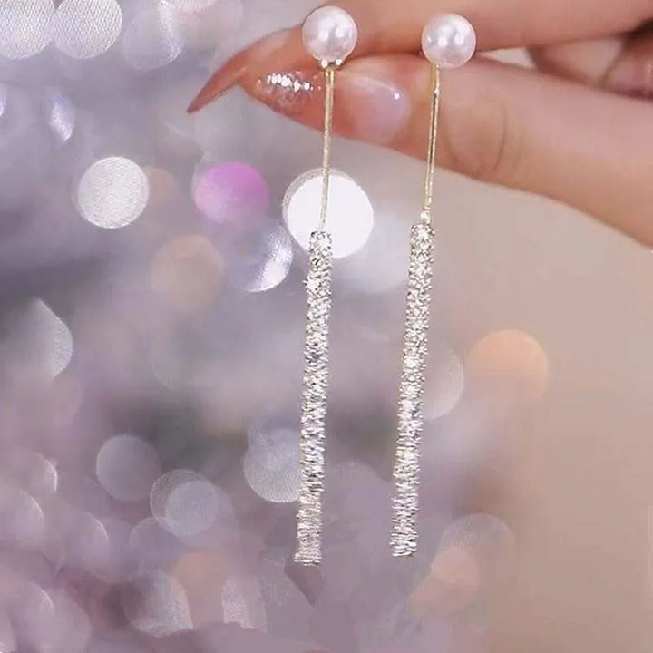 Korean Long Pearl Tassel Drop Earrings with Rhinestones