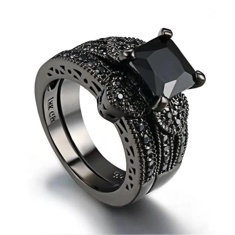 Couple Rings Set Black Rhinestone