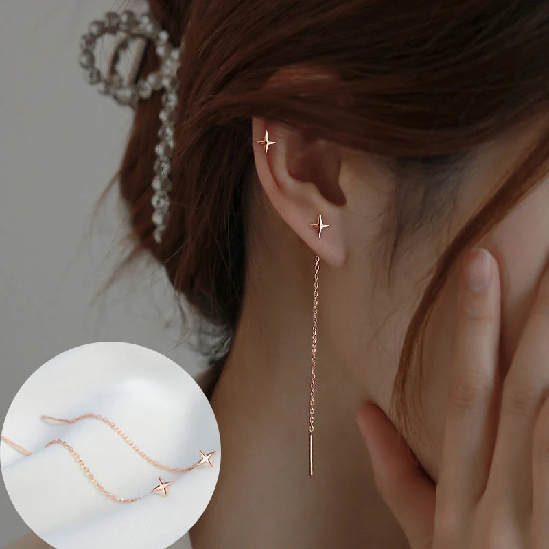 Trendy Long Tassel Drop Earrings with Star and Heart Pendants