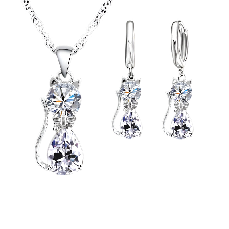 Silver Crystal Cat Jewelry Set