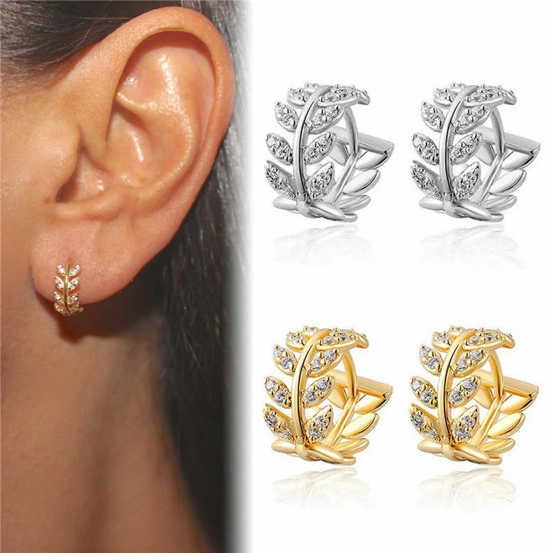 Shiny CZ Leaf Hoop Earrings