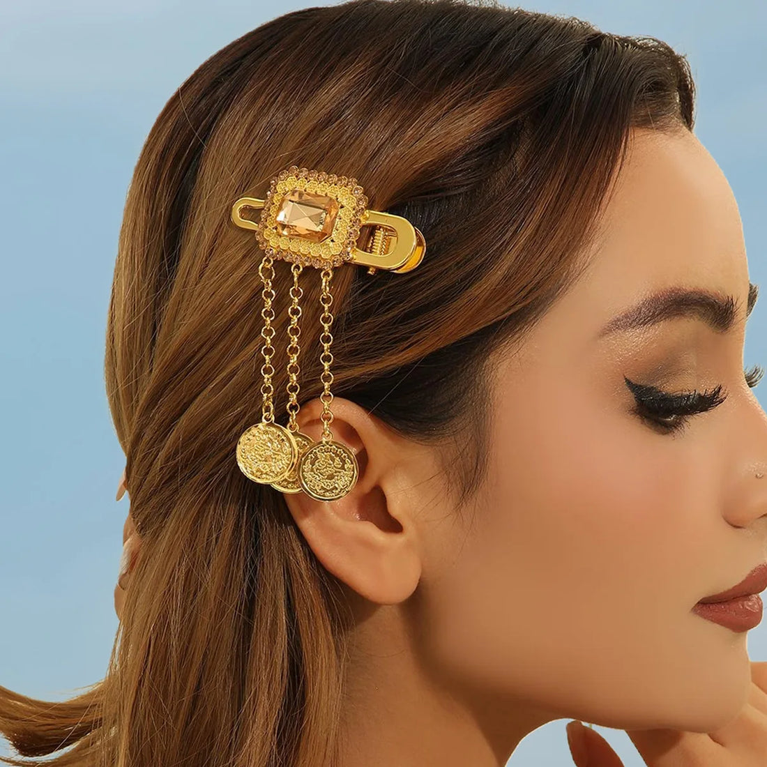 Gold Geometric Crystal Tassel Hair Clip