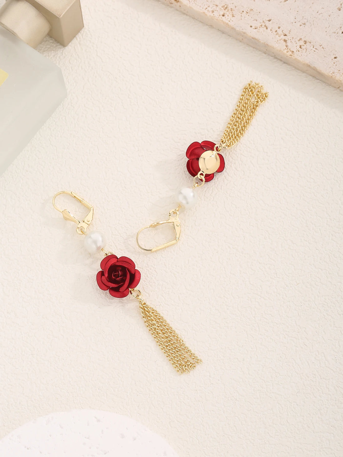 Red Rose Pearl Tassel Earrings