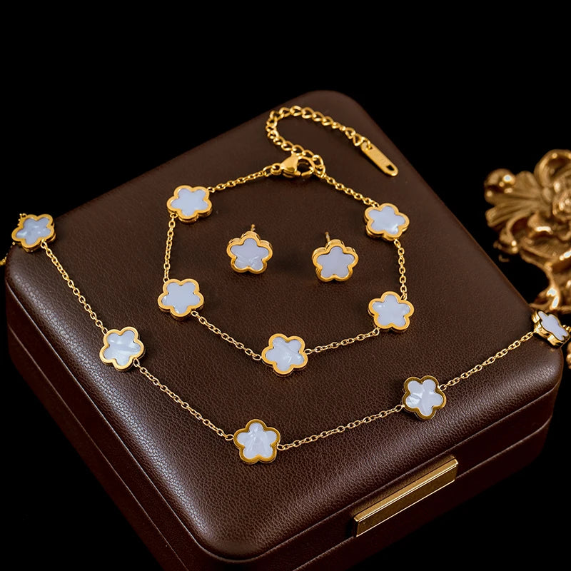 Black Flower Clover Jewelry Set Necklace Bracelet Earrings for Women