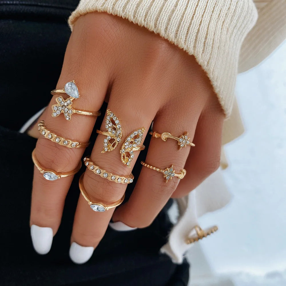 Bohemian Butterfly Pearl Rings Set