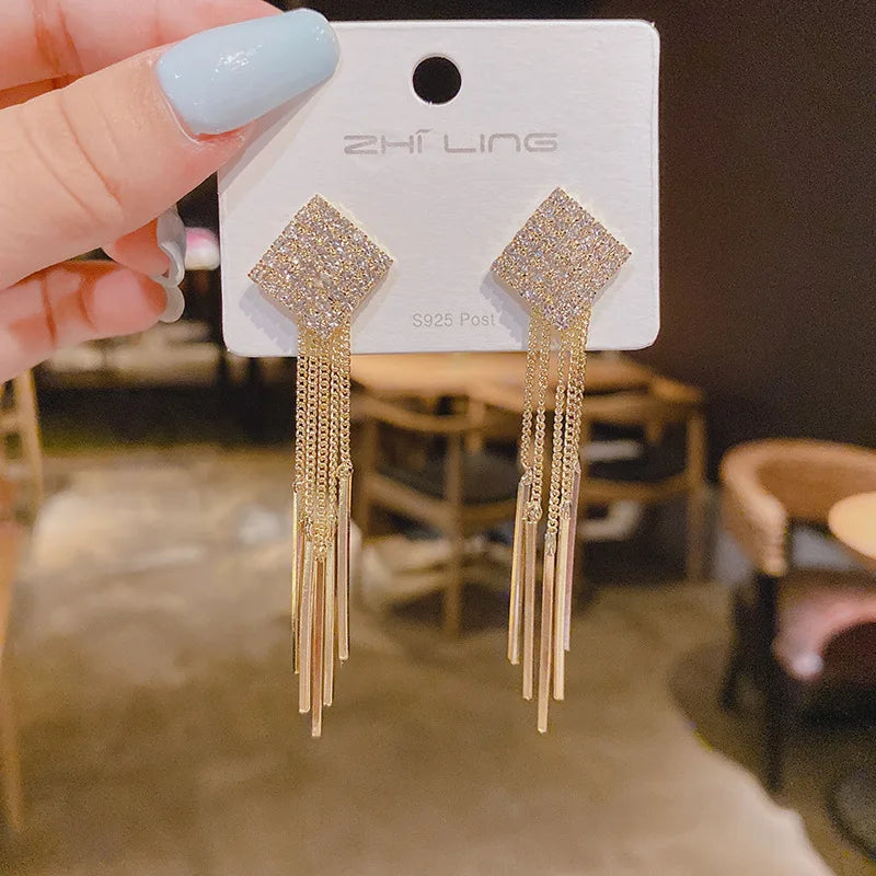 Gold Crystal Tassel Dangle Earrings