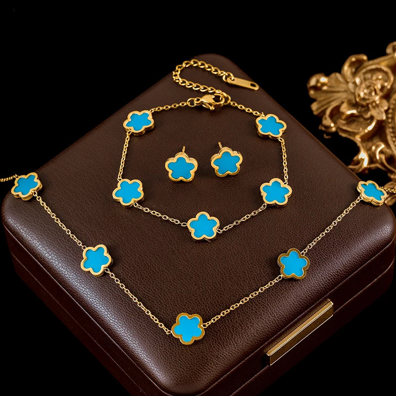 Black Flower Clover Jewelry Set Necklace Bracelet Earrings for Women
