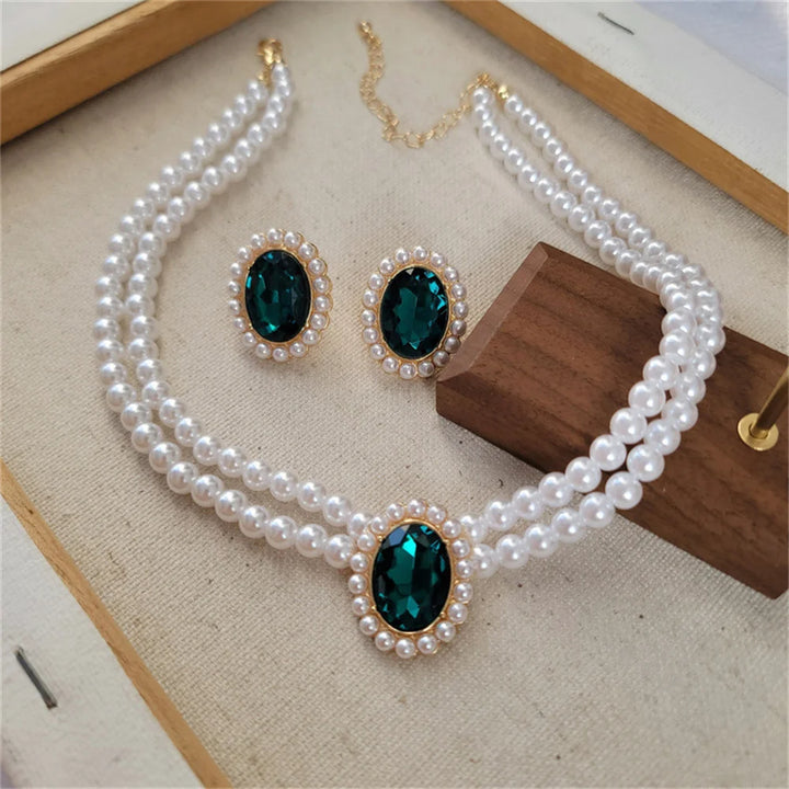 Vintage Pearl Emerald Choker Set