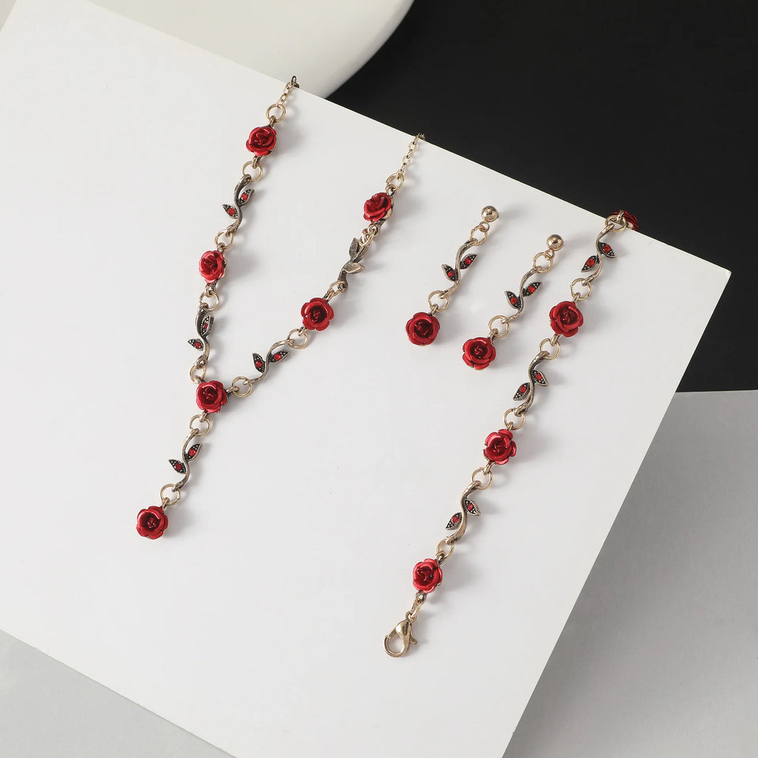 Vintage Red Rose Necklace and Earring Jewelry Set