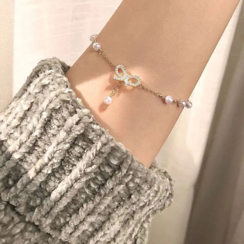 Korean Pearl Bow Charm Bracelet