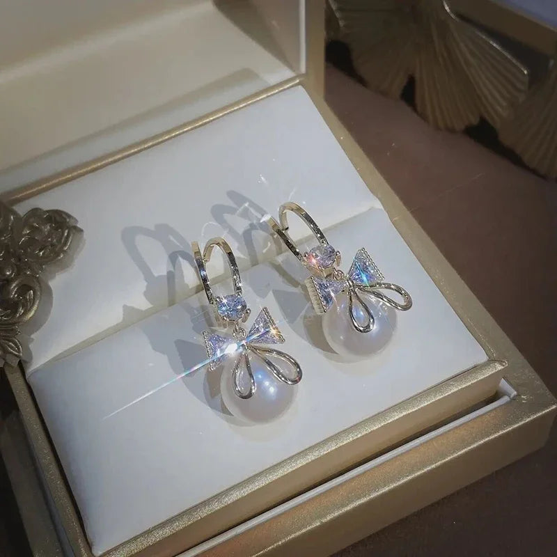 Zircon Bow Knot Pearl Earrings